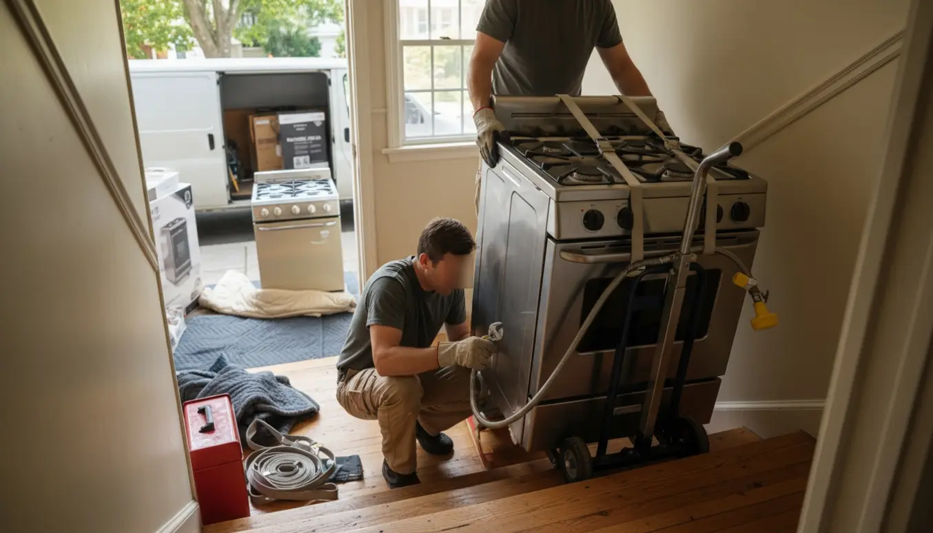 Teknikere bærer et gaskomfur ned ad en trappe til afhentning, med værktøj og flyttekærre i nærheden.