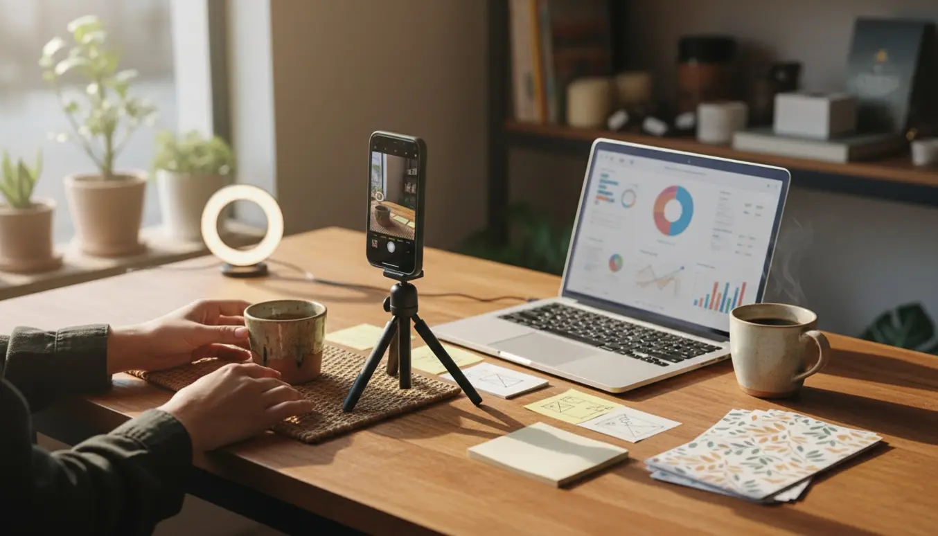 Butiksejer optager en kort reklamevideo med smartphone og laptop på et træbord i en lys butik.