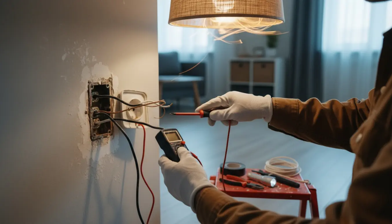 Beskyttede hænder reparerer en løs stikkontakt med synlige ledninger under en flimrende loftslampe.