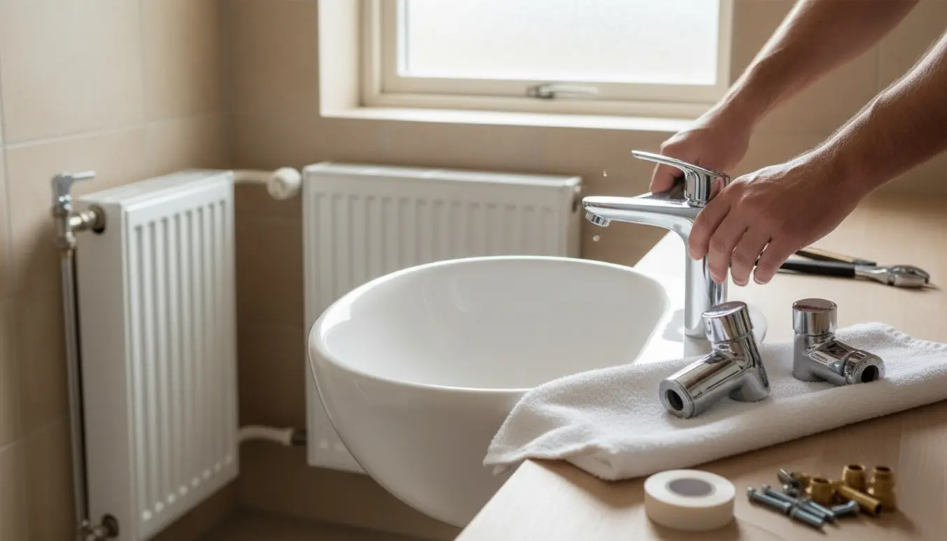 Hænder installerer krom armatur ved håndvask og strammer radiatorventil i et lyst badeværelse.