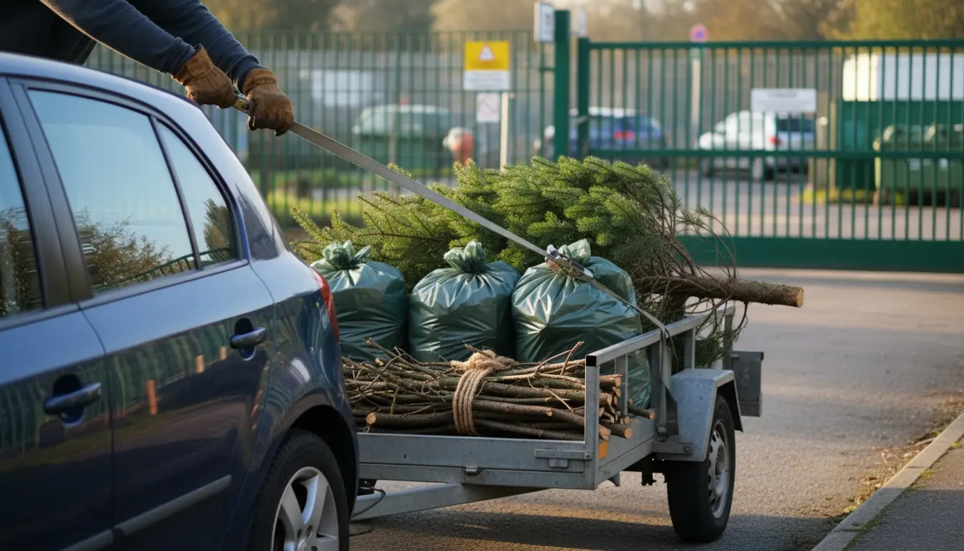 Åben trailer med tre affaldssække, småtræ og et juletræ klar til afhentning og kørsel til genbrugspladsen.