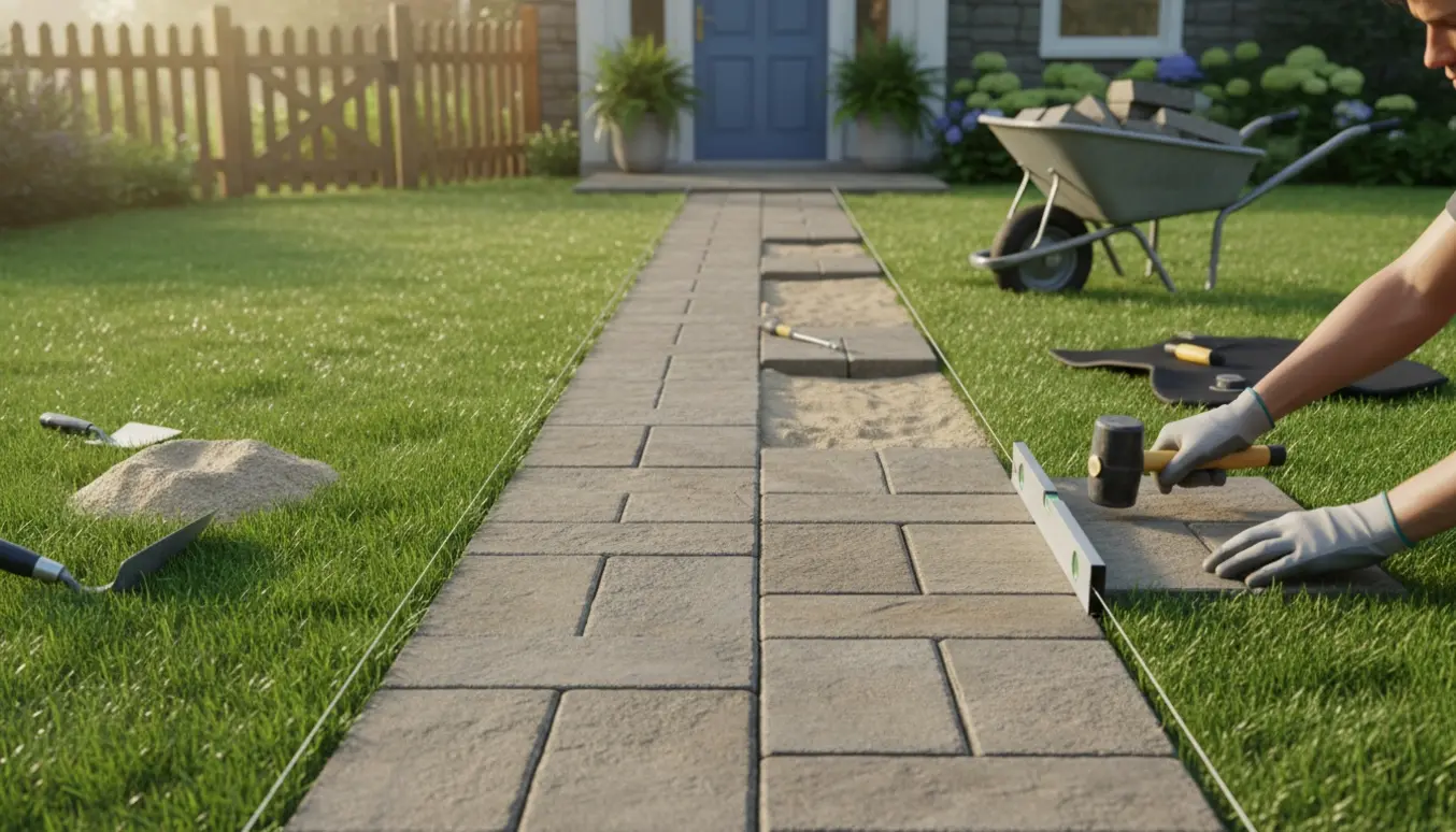 Delvist anlagt flisegang fra låge til hoveddør gennem en grøn græsplæne med værktøj ved siden af.