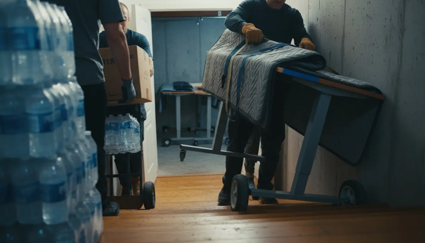 Flyttefolk bærer hæve-sænkeborde ned ad en trappe, mens kasser med vand løftes op fra kælderen.