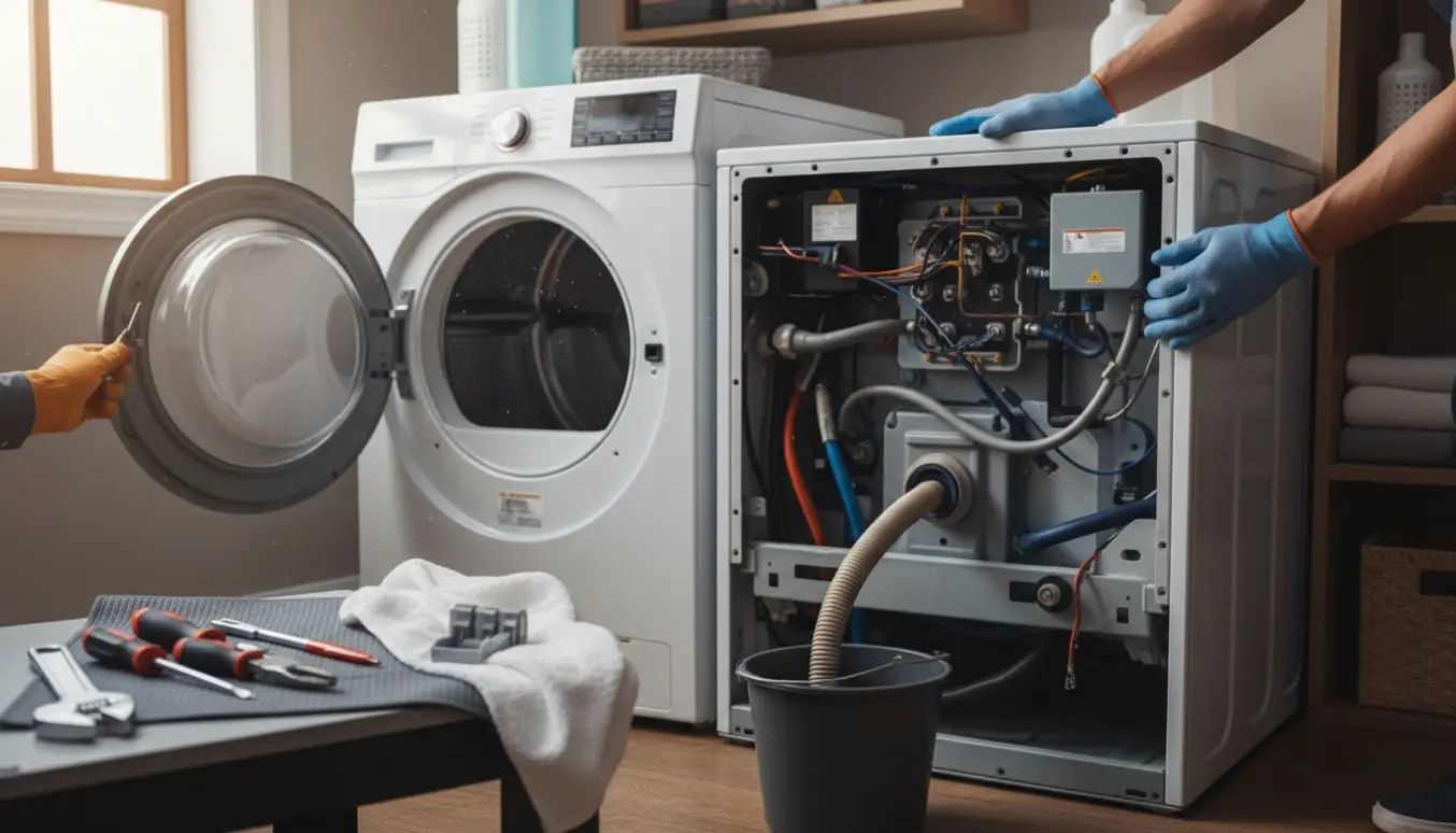 Hænder reparerer en tørretumbler med åben låge og en vaskemaskine med åben afløbsslange i et lyst bryggers.