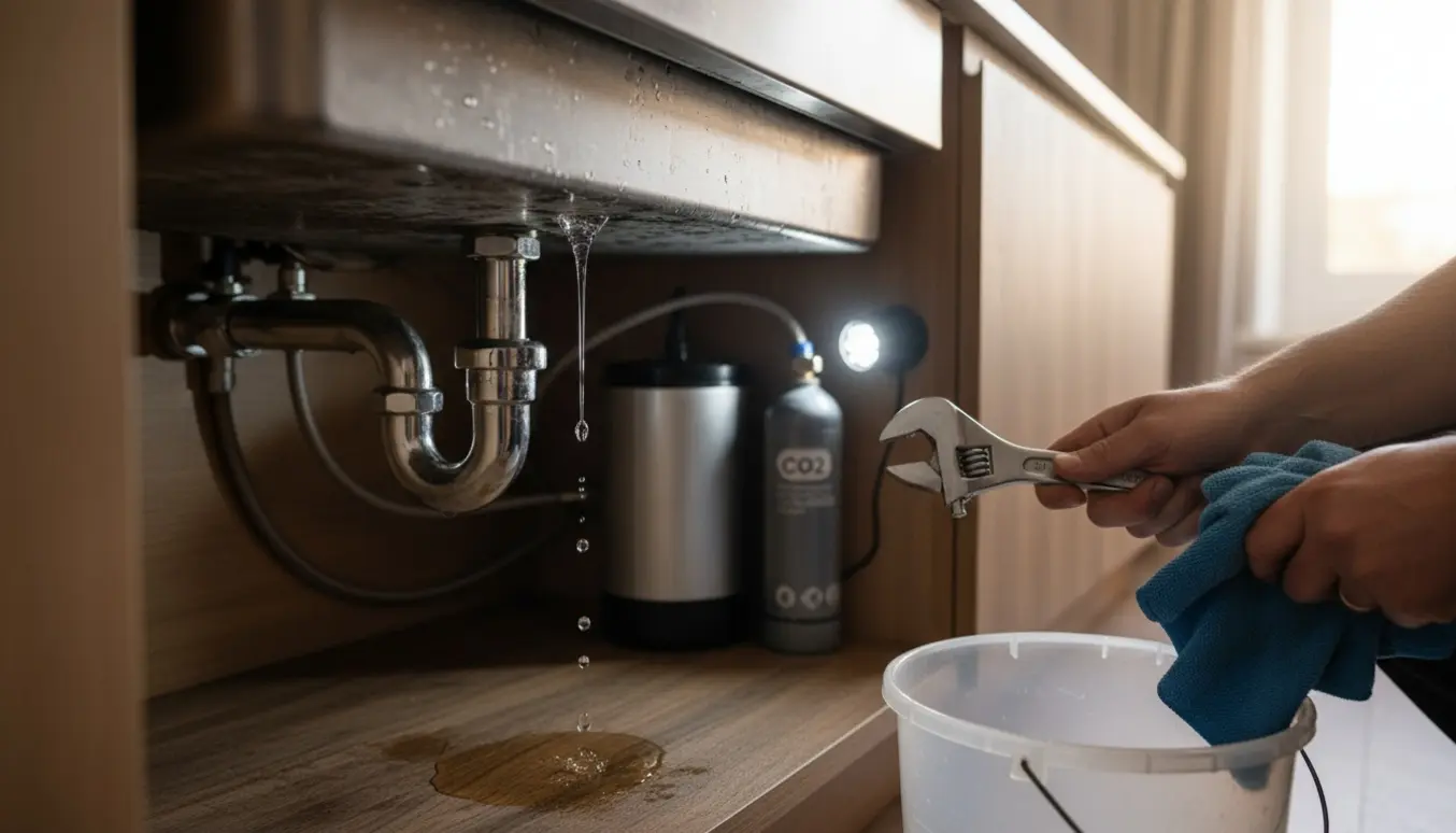 Utæt vandrør under køkkenvask med spand, værktøj og Quooker-tilslutninger synlige.