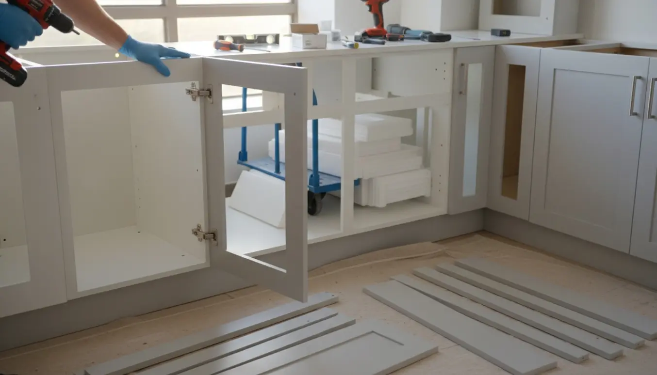 Hænder monterer en lysegrå køkkenlåge på et hvidt karmelement med værktøj og sokkelstykker klar.