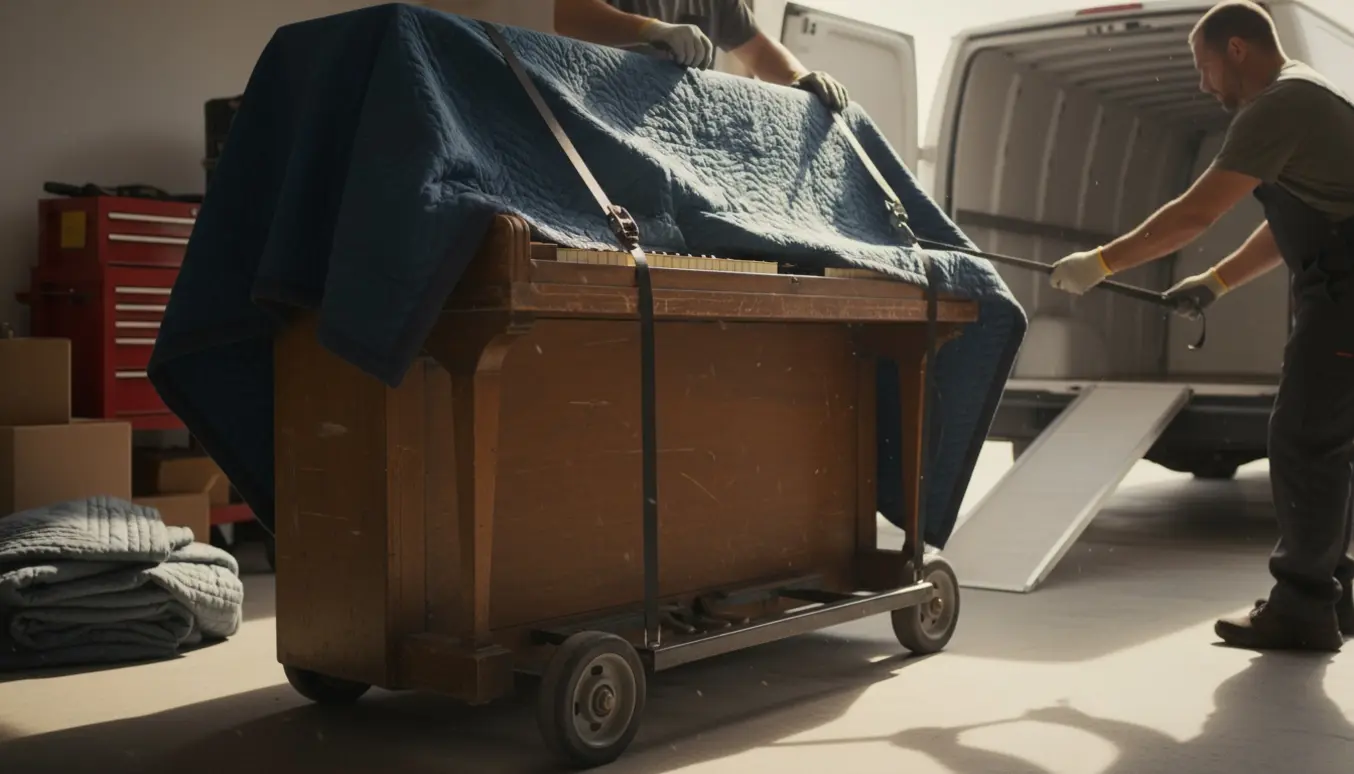 Et gammelt klaver pakket i flyttetæppe på dolly klar til afhentning fra en garage.