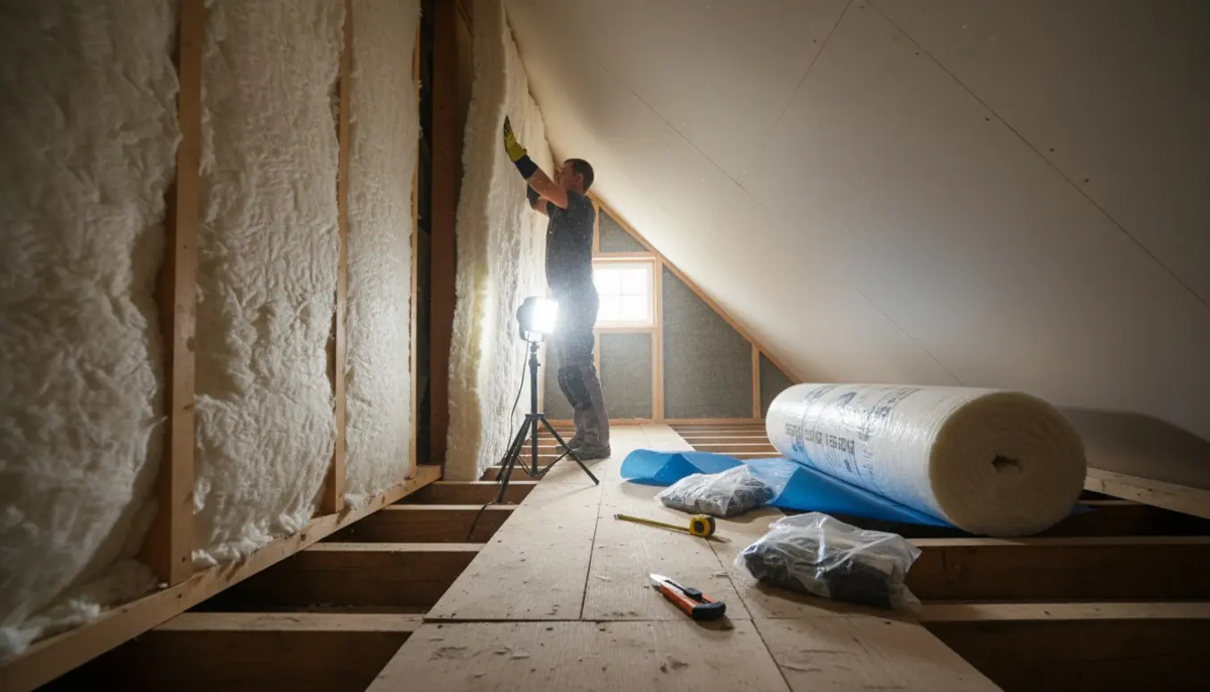 Kravlende håndværker lægger 300 mm mineraluld i en smal skunk mod væggen.