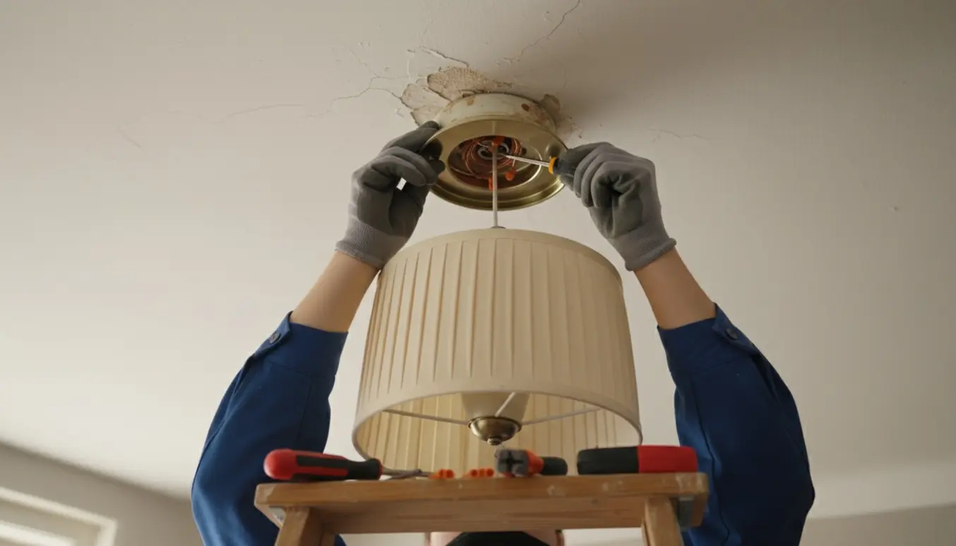 Hænder monterer en loftslampe med baldakin i et gammelt lampeudtag.