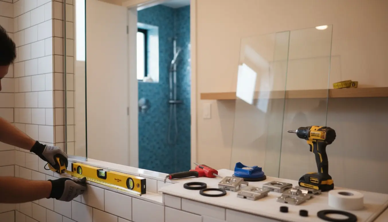 Hænder måler en bruseåbning med værktøj og to brusedørspaneler i et lyst badeværelse.