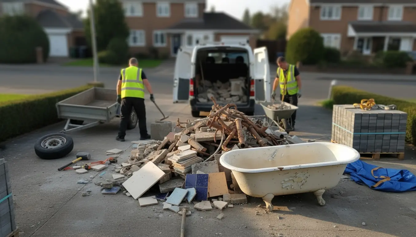 Blandet byggeaffald—beton, fliser, metal og et badekar—ved en punkteret trailer og en varevogn på en indkørsel.