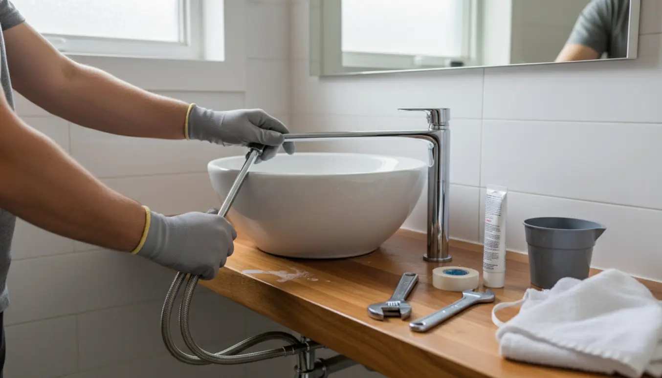 Hænder installerer en ny hvid porcelænsvask i et badeværelse med værktøj og et kromarmatur.