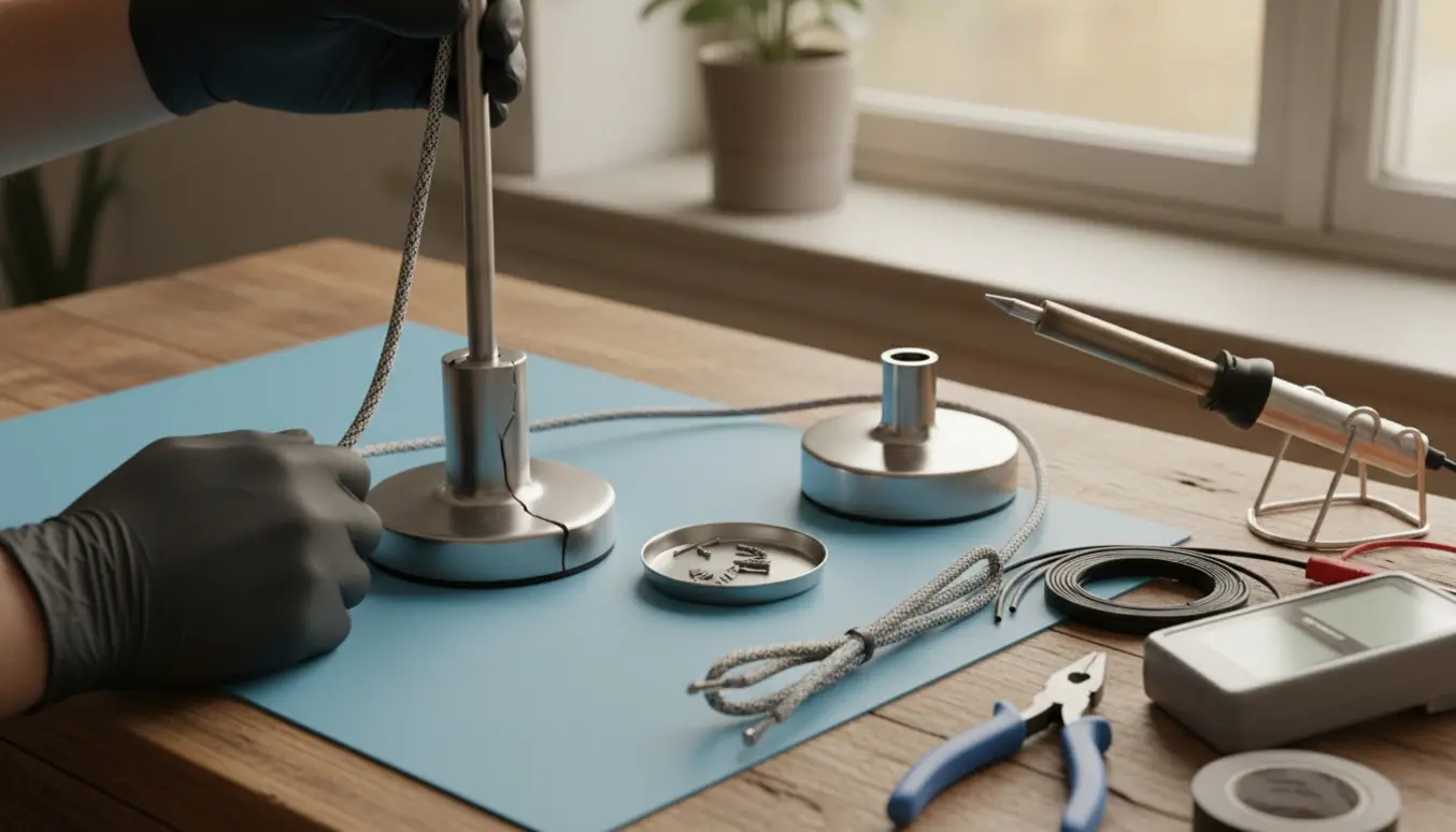Nærbillede af hænder, der reparerer en knækket metal lampe på et ryddeligt arbejdsbord med værktøj.