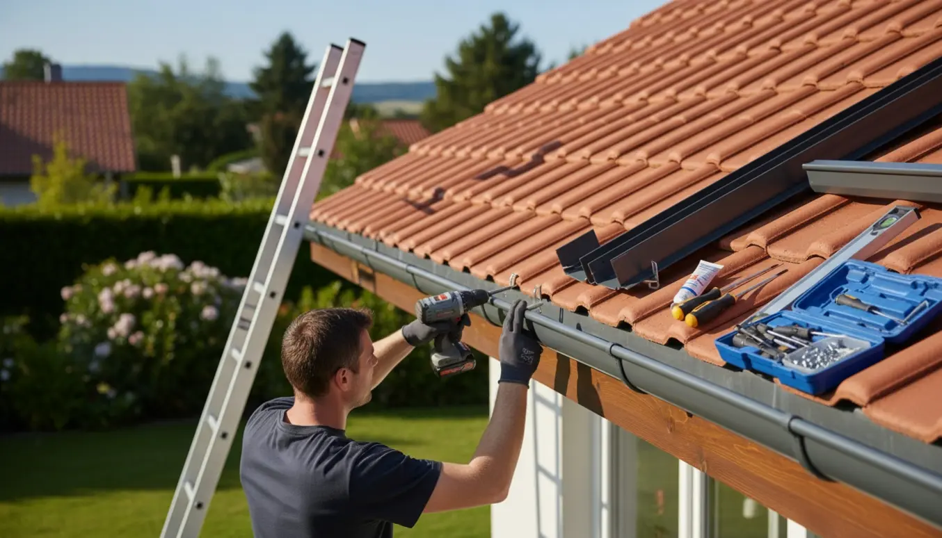 Installatør monterer en ny tagrende langs huset med stige og værktøj i naturligt dagslys.