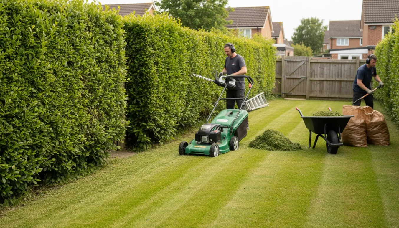 En person trimmer en 150–180 cm høj hæk og slår en velplejet græsplæne, med affald samlet i trillebør og sække klar til fjernelse.