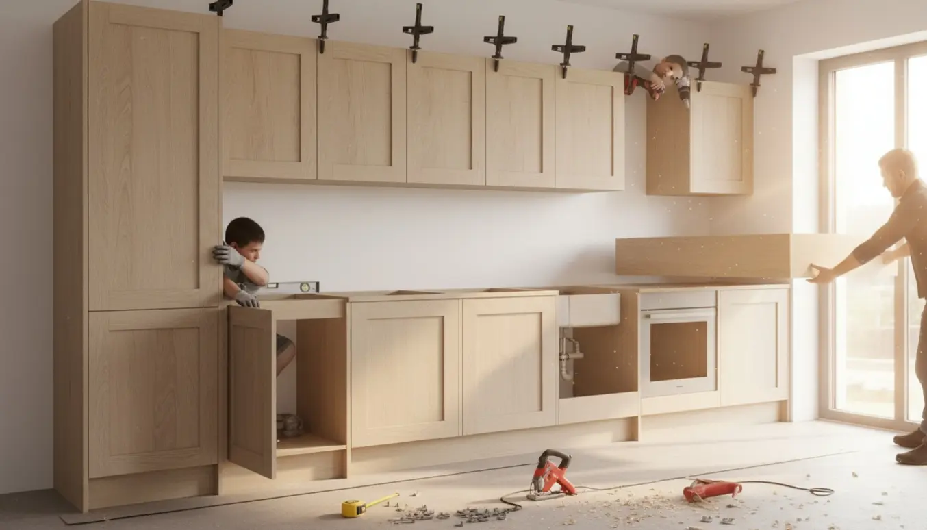 Køkken under opsætning med skabe, bordplade og værktøj, hvor installatørers ansigter ikke er synlige.