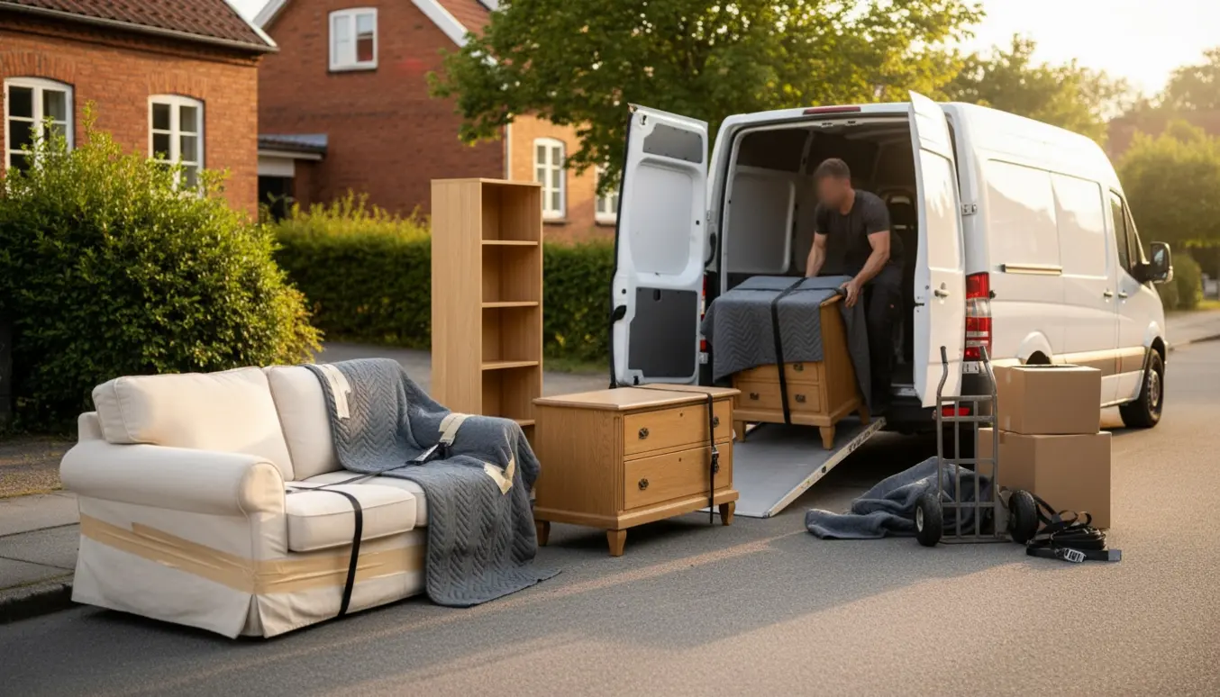 Fire møbler pakket ved en åben flyttebil i et roligt boligkvarter.
