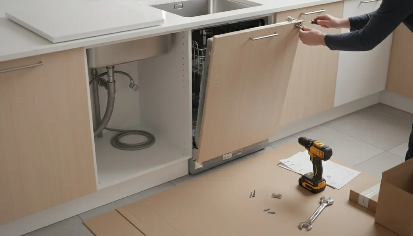 Opvaskemaskine bliver monteret i et lyst Ikea-inspireret køkken ved siden af håndvasken.
