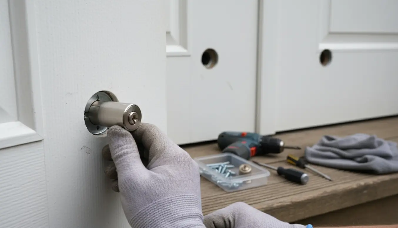 Hænder monterer en ny cylindernøgle i en plast yderdør med værktøj på en trappesten.