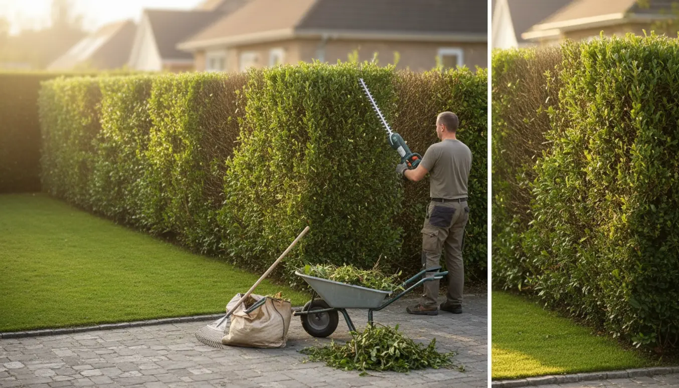 En person trimmer en hæk rundt om en parcelhusgrund med nyklippede kanter og samlet grønt affald klar til bortkørsel.