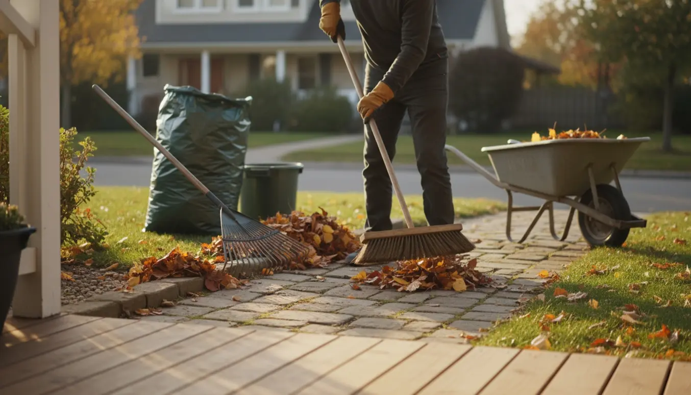 Hænder fejer og samler blade i bunker ved indgangen til et parcelhus på en solskinsrig efterårsdag.