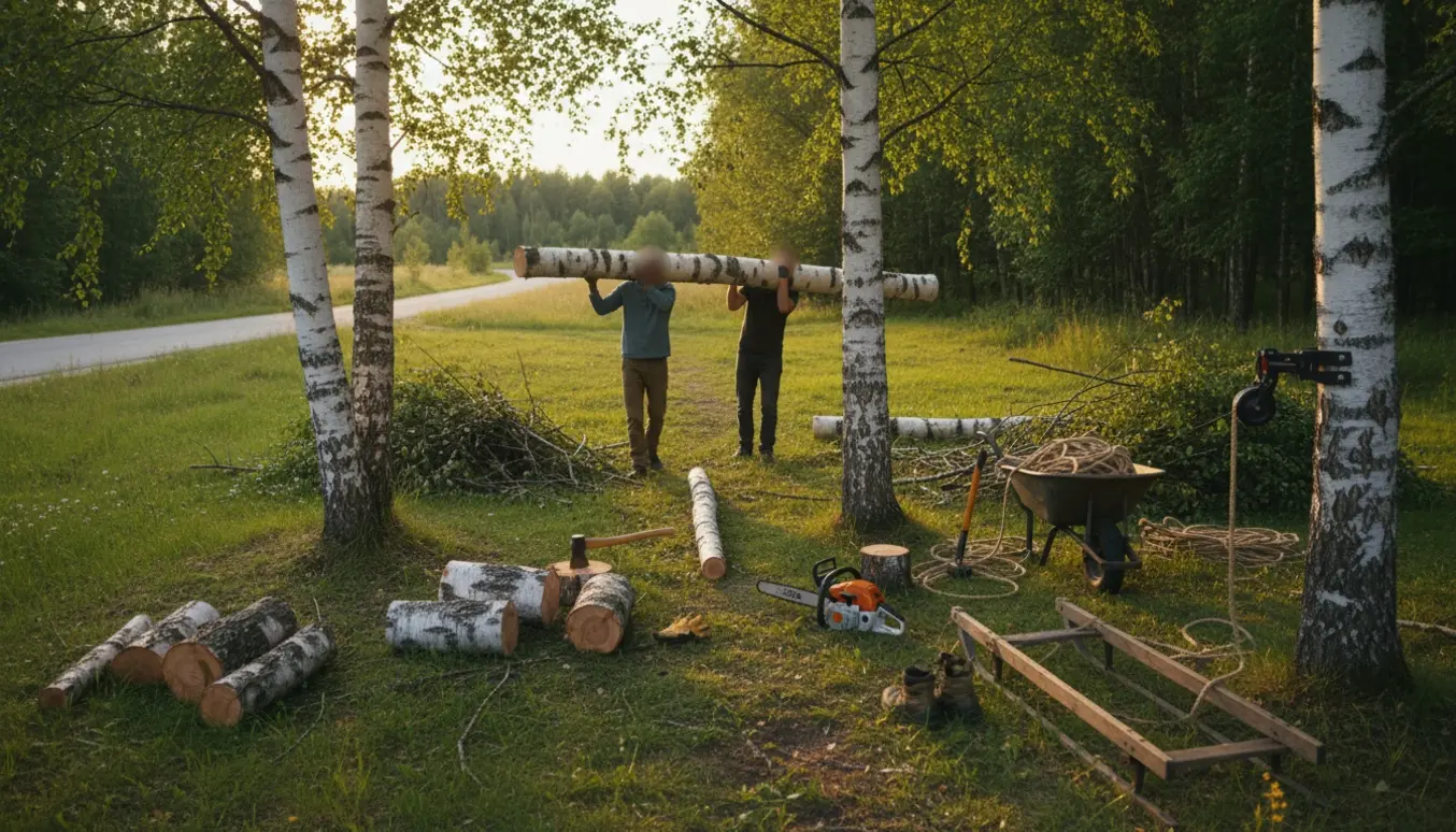 To personer bærer sektioner af fældede birketræer gennem en smal sti med motorsav, stak grene og en vej i baggrunden.