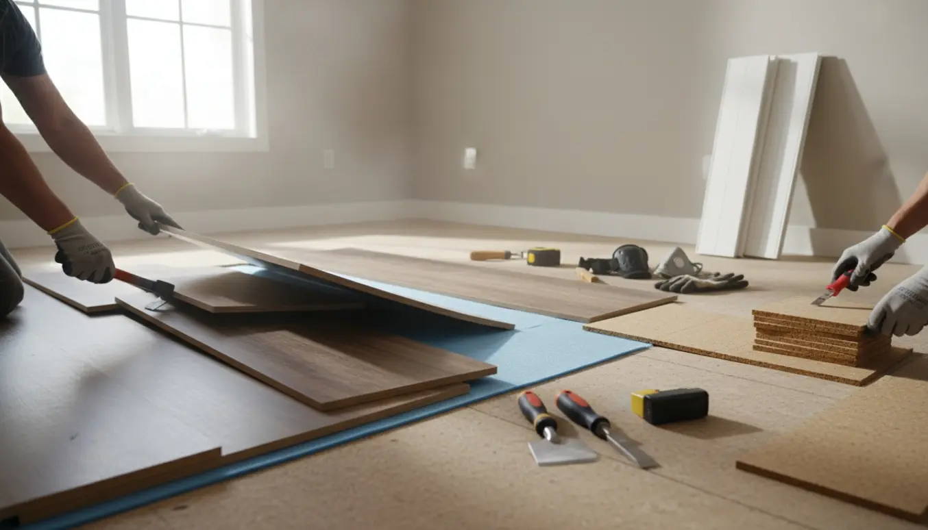 Opbrydning af klikgulv og korkfliser i et lyst rum med stabler af afmonterede planker og fodlister ved siden af værktøj.