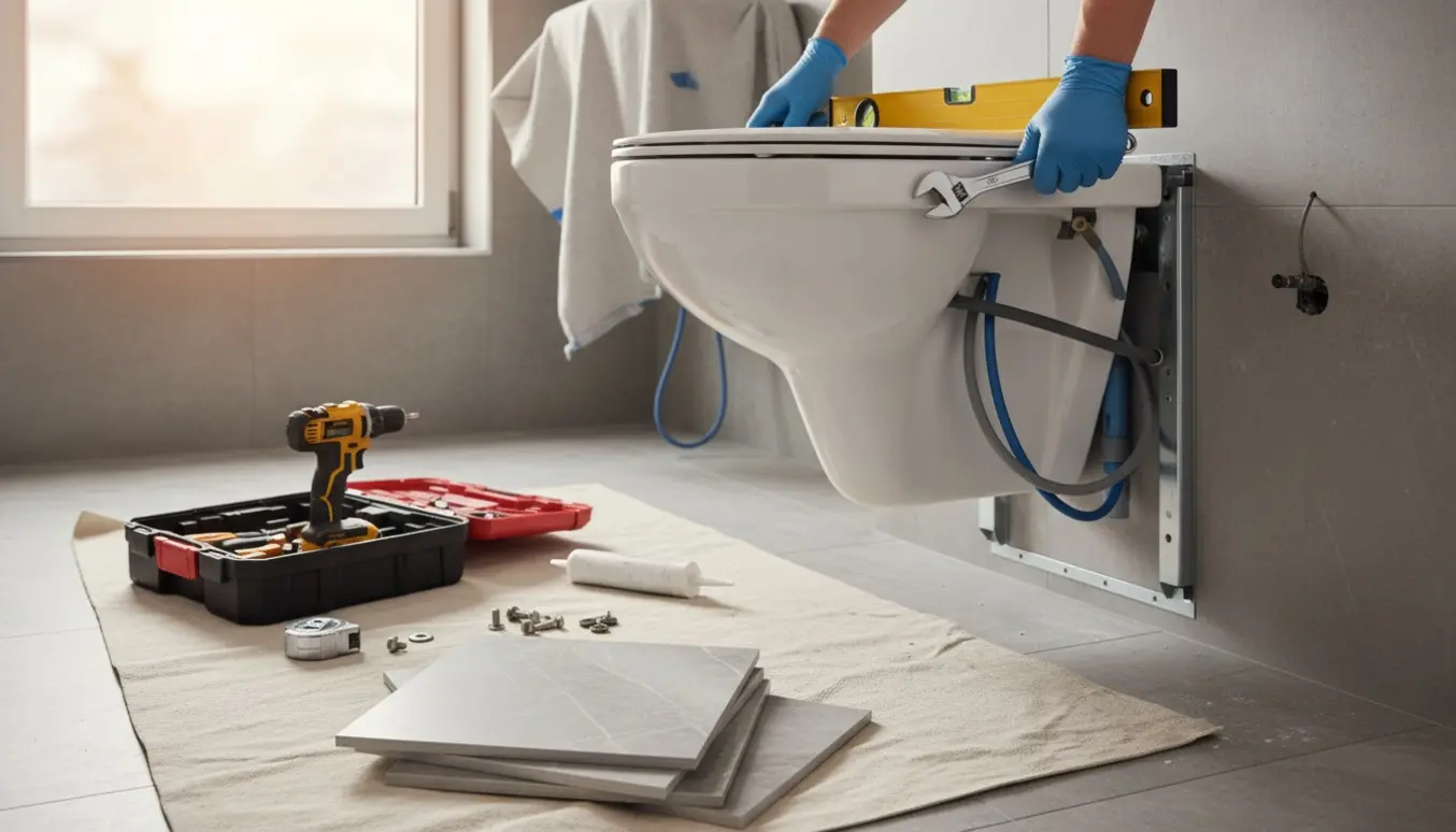 Et nyt vægtoilet monteres i et badeværelse med håndværkerhænder og værktøj.