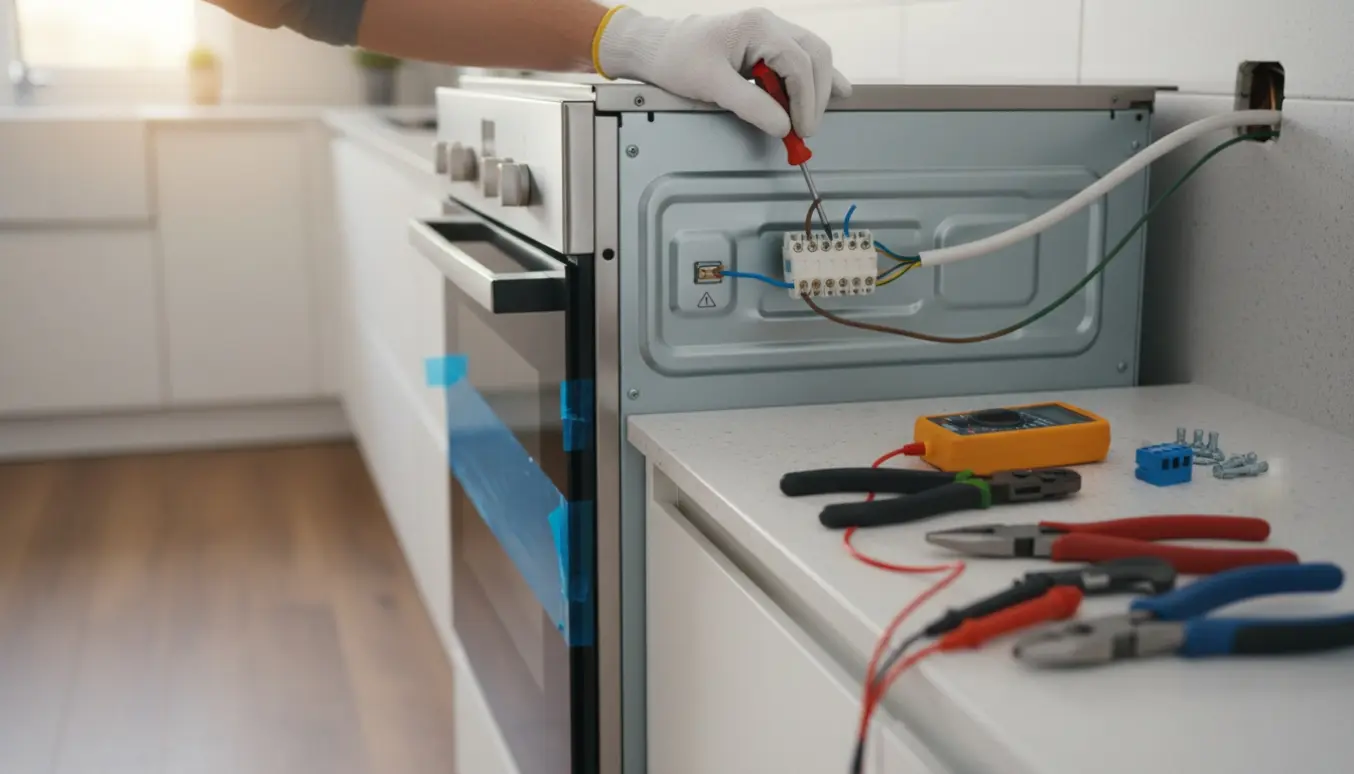 Nyt komfur tilsluttes med ledning fra gammelt komfur i et lyst, ryddeligt køkken.