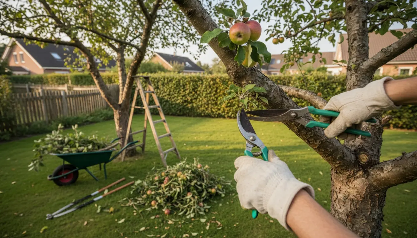 Glat billede af beskæring af to gamle æbletræer og trimning af et mirabellehegn langs naboskel.