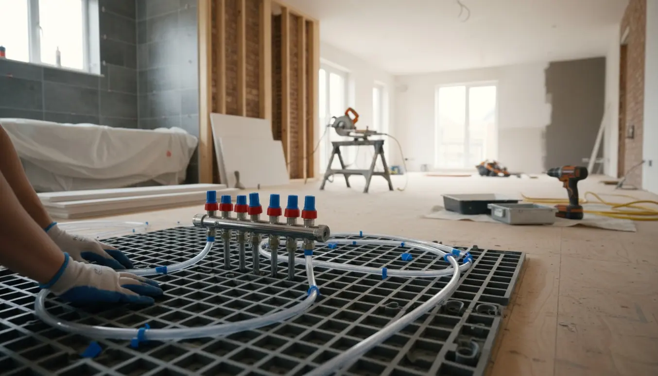 Hænder installerer gulvvarmerør i en lys bolig under renovering med værktøj og materialer omkring.