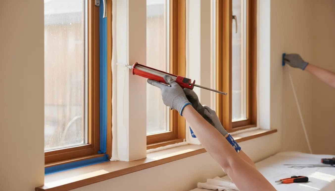 Handskerede hænder påfører og glatter silikonefuge rundt om tre indendørs vinduer.