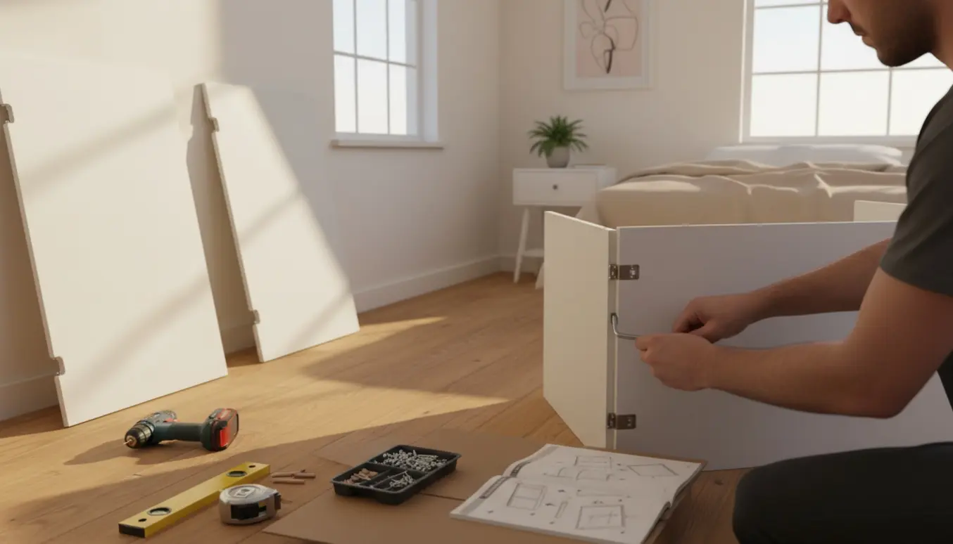 Hænder samler et stort fladpakket garderobeskab i et lyst soveværelse med plader, manual og værktøj.