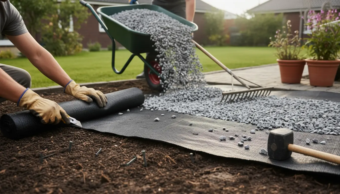 Et havebed dækkes med ukrudtsdug, mens hænder retter dugen og grå skærver spredes.