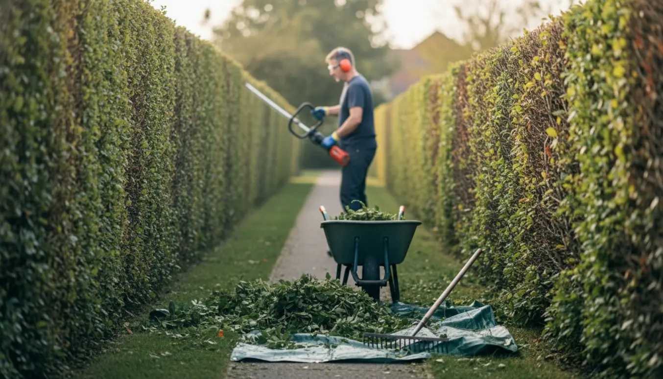 En gartner trimmer en lang hæk til brysthøjde langs en havegang, mens afklip ligger klar i en trillebør.