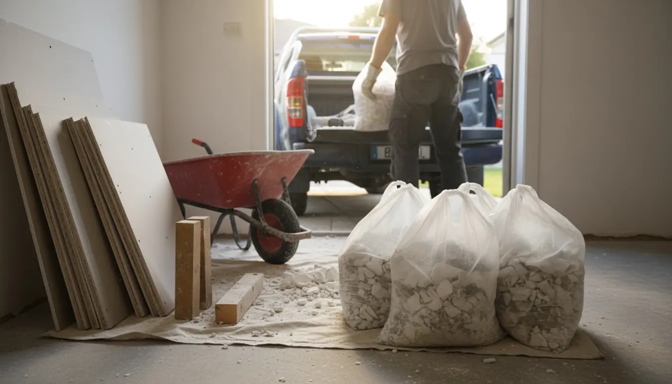 Klare sække med puds og skillevægsmaterialer bliver læsset i en ladbil til afhentning.