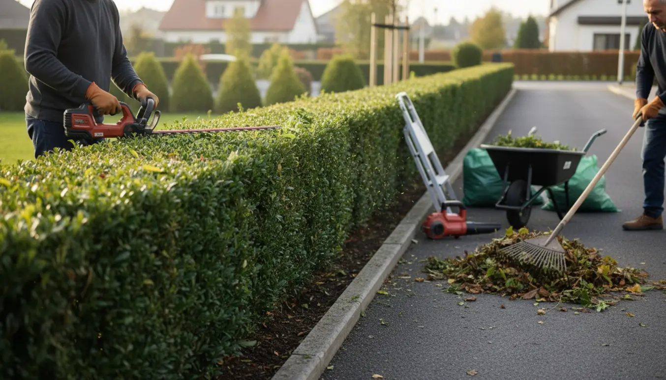 Nærbillede af hækkeklipning og oprydning med rive, trimmer og skottet ved en indkørsel.