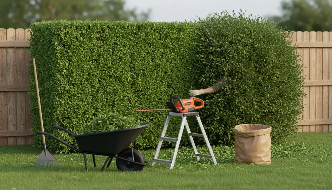 Nyklippet hæk på 10 meter med den ene side og toppen trimmede, haveredskaber og klip i trillebør.