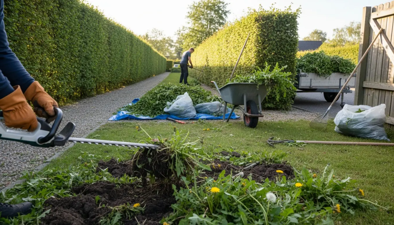 Gartner trimmer hække og fjerner ukrudt med en trillebør fyldt med hækafklip klar til bortkørsel.