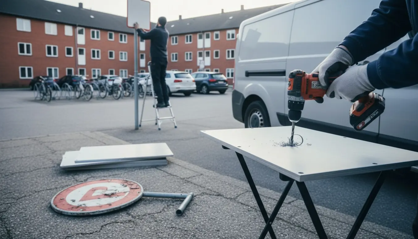 Montør skifter parkeringsskilte på Nybrogård Kollegiets parkeringsplads med nye metalplader klar til montering.