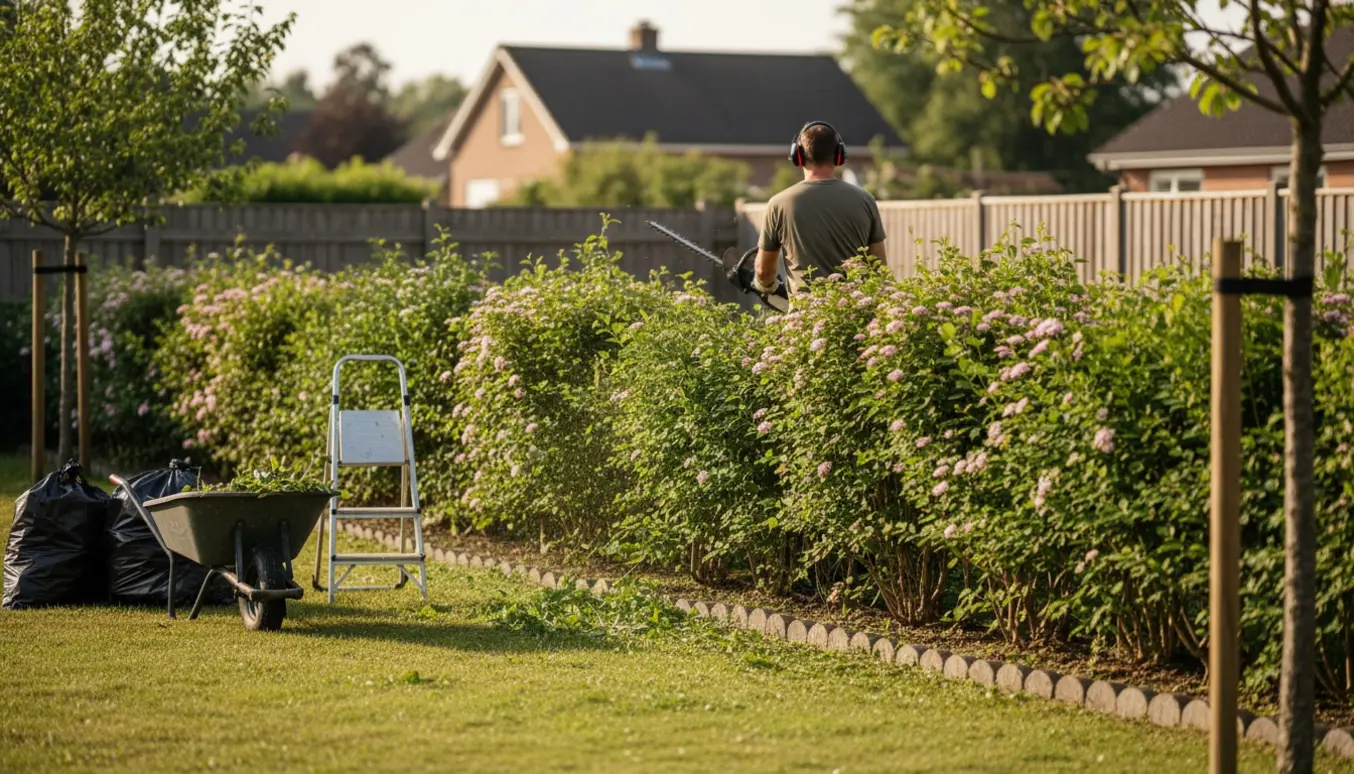 En person trimmer en lang spiræahæk i en solrig villahave med afklip samlet i trillebør og sække.