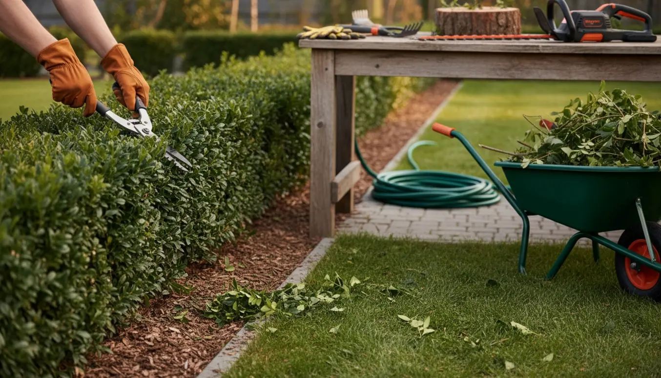 Hænder beskærer en busk og trimmer kanter i en veldrevet have.