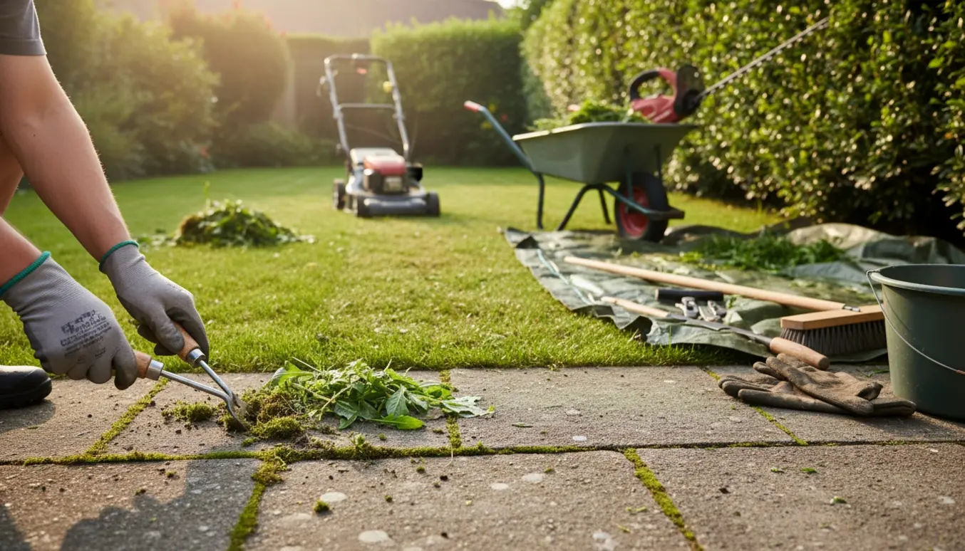 Nærbillede af fjernelse af ukrudt mellem fliser, halvklippet græs og hækkeklipper ved siden af.