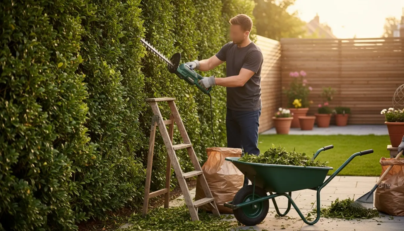 Person beskærer en tæt hæk i en velholdt have, mens grønne afklip samles i trillebør og sække.