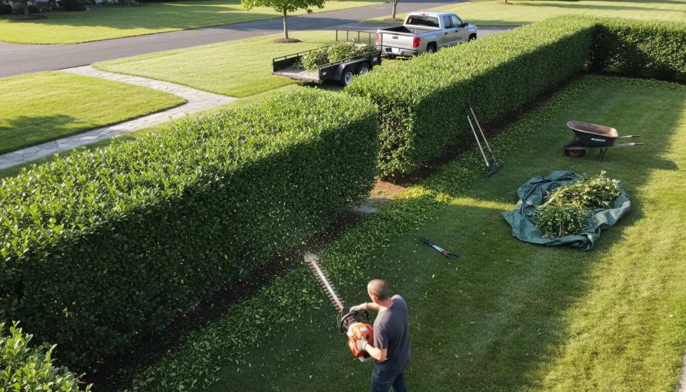 To hække i haven bliver klippet, og afklip opsamles i en trailer.