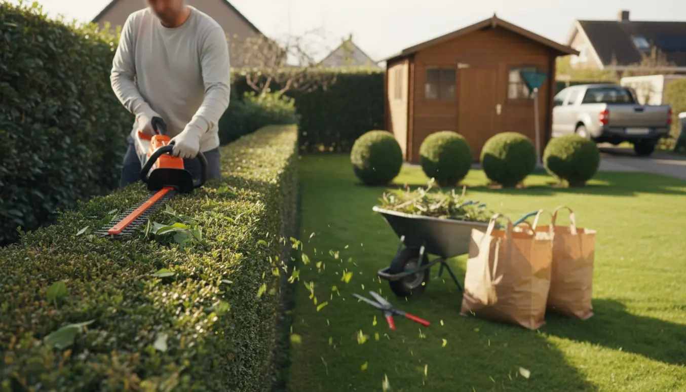 Person trimmer en sidet hæk og former fire små buske, mens haveaffald samles i en trillebør.