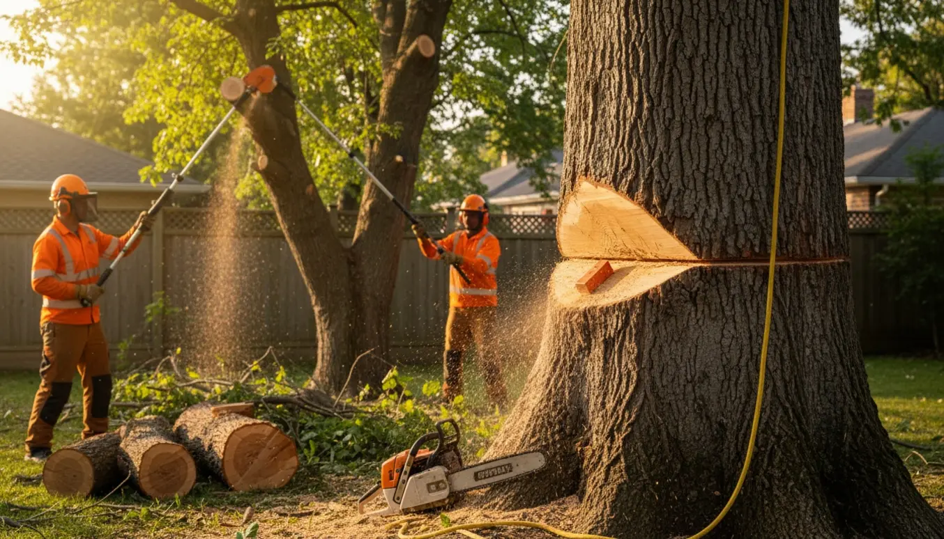 Professionelle fælder et stort træ og trimmer en gren med stangsav, mens savflis drysser i sollys.