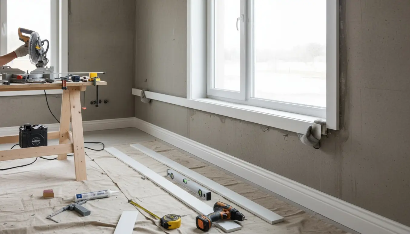 Installering af hvide fodpaneler langs en betonvæg og nye gerigter rundt om et stort vindue, med værktøj og hænder i arbejde.