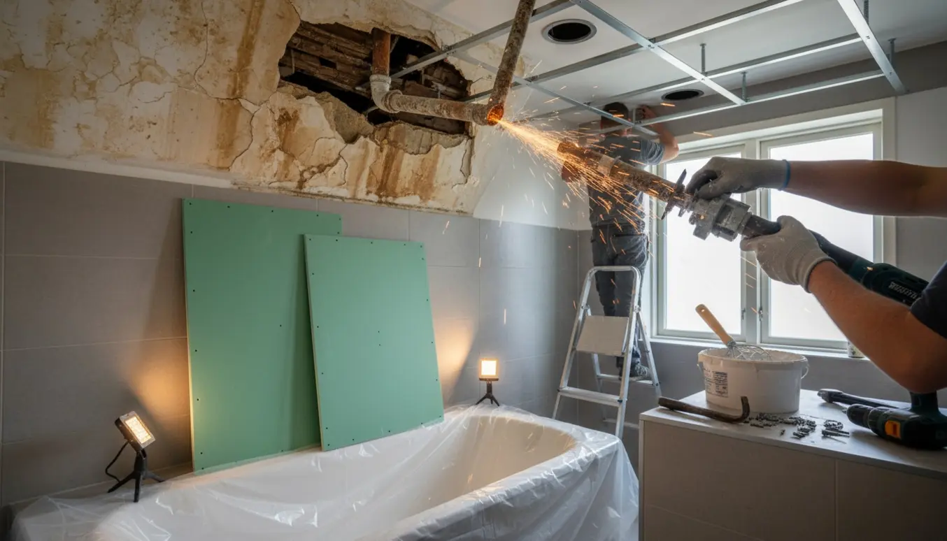 Badeværelse under loftreparation med vandskadet loft, synligt gammelt vandrør, vådrumsgipsplader og elektriker ved spots.