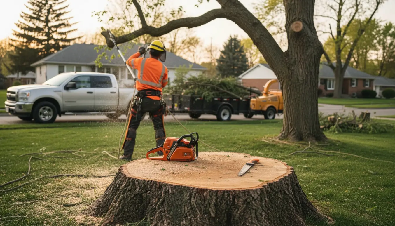 Arbejder i sikkerhedsudstyr topkapper et træ, mens afskårne grene læsses klar til bortkørsel.